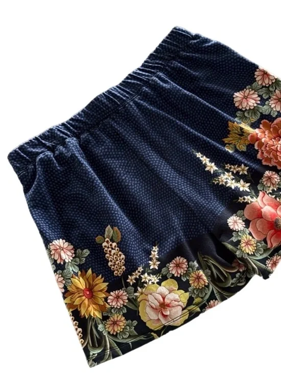 Johnny Was Dragona Easy Shorts XL Dragon Floral Boho Navy Polka Dot Pull-On - Picture 8 of 12